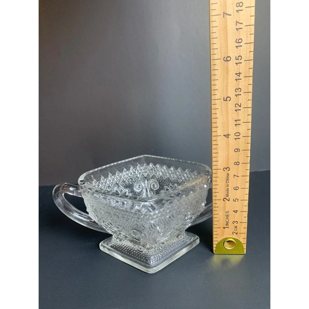 Vintage Clear Pressed Glass Sugar Bowl Diamond Point Floral Scroll Double Handle